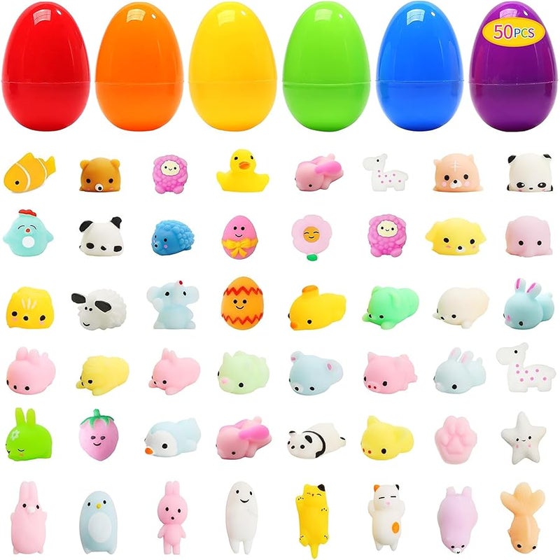 Cute Stone 50 PCs Filled Easter Eggs with Mochi Squishy Toys, Squeeze Kawaii Animals Stress Relief Toys, Party Favors Classroom Prize Gift for Boys and Girls - Image 1
