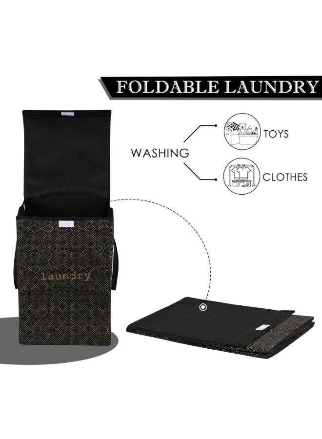 Kuber Industries Non Woven Clothes Basket (75 Ltr) Toy Storage Box | Foldable Laundry Bag | Lid & Handles | Clothes Dress Bin | Washing Cloth Basket | Golden Dot | Dhakkan Box | Black, 370 Mm, 530 Mm - Image 3