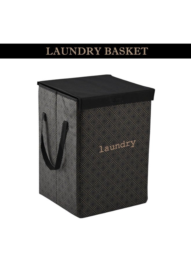 Kuber Industries Non Woven Clothes Basket (75 Ltr) Toy Storage Box | Foldable Laundry Bag | Lid & Handles | Clothes Dress Bin | Washing Cloth Basket | Golden Dot | Dhakkan Box | Black, 370 Mm, 530 Mm - Image 5