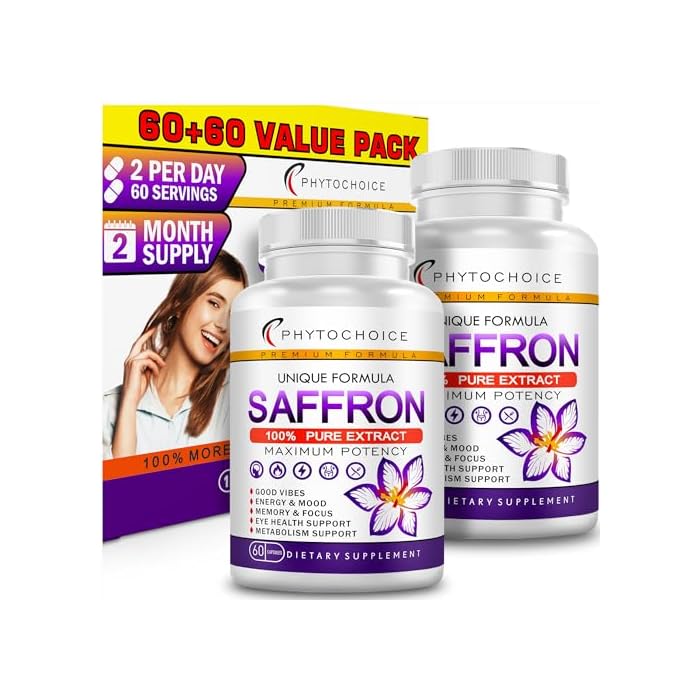 PhytoChoice Saffron Supplements - 100% Pure Saffron Extract Capsules - Boost Energy & Mood, Support Eye & Heart Health, Focus, Vision - Pure Saffron Extract 88.5 mg - Made in USA for Women & Men - 120 Capsules - Image 1