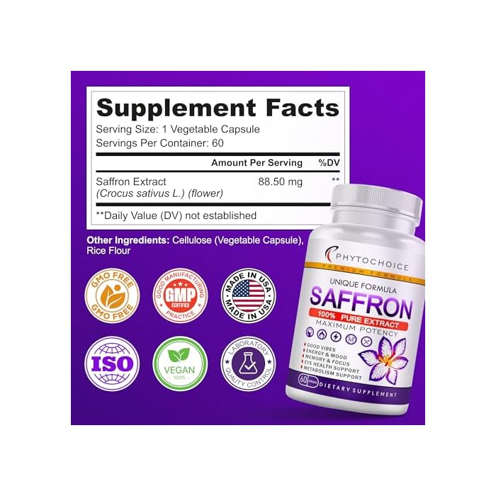 PhytoChoice Saffron Supplements - 100% Pure Saffron Extract Capsules - Boost Energy & Mood, Support Eye & Heart Health, Focus, Vision - Pure Saffron Extract 88.5 mg - Made in USA for Women & Men - 120 Capsules - Image 3