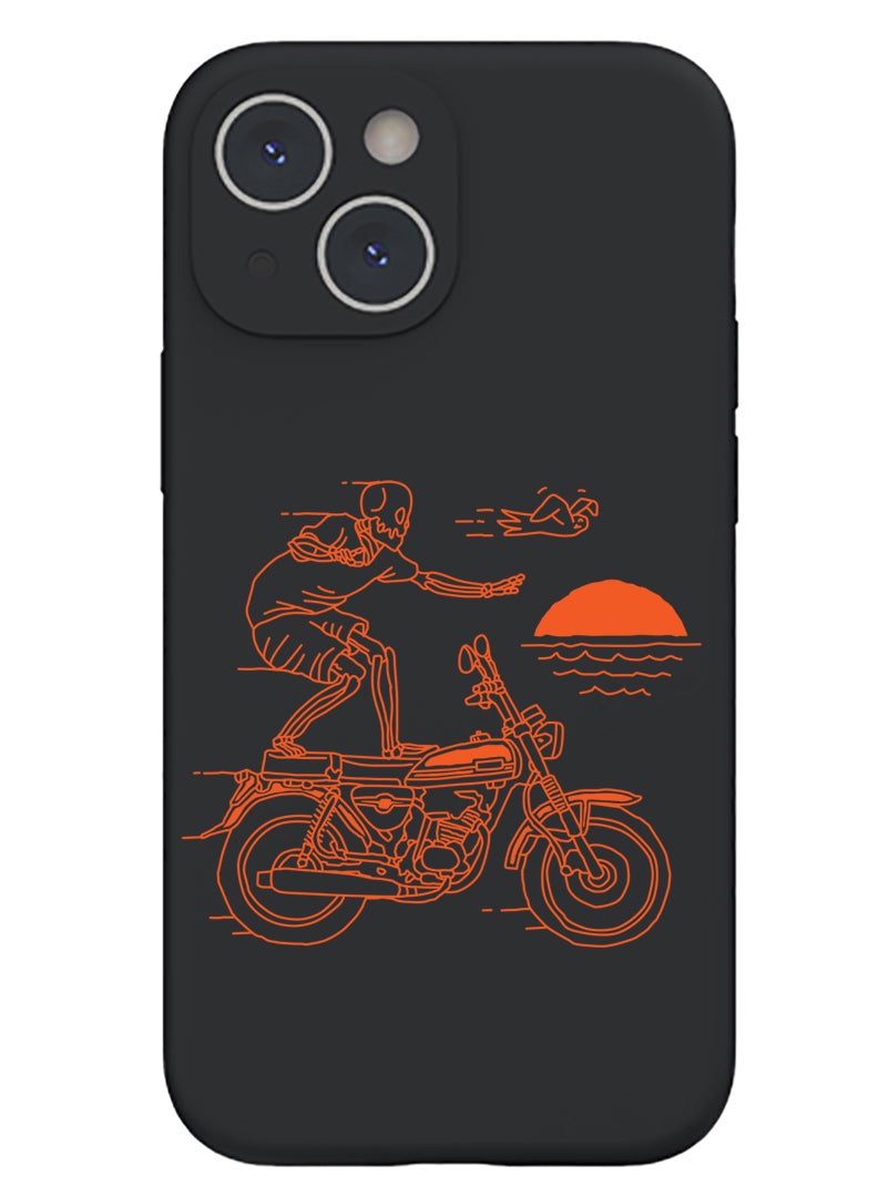 Theodor Protective Slim Fit Case Liquid Silicone Cover with Full Body Protection Anti-Scratch Shockproof Case For iPhone 15 Plus Black - Skull Rider orange - Image 1