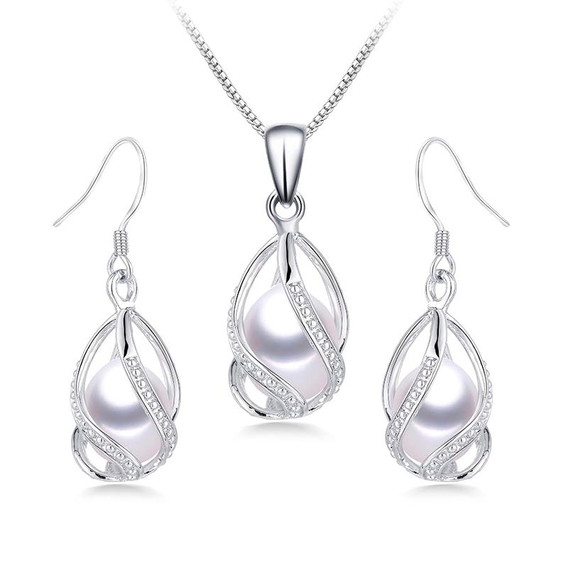 HENGSHENG Pearl Jewelry Set For Women S925 Sterling Silver Necklace & Earrings Set Freshwater Pearl Pendant Cage Set for Wedding Anniversary Prom Birthday Gift - Silvery White