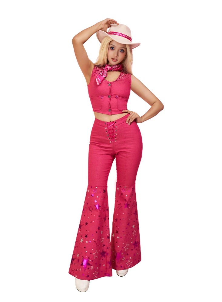 Women Pink Cowgirl Outfits 70s 80s Hippie Disco Costume Margot Robbie Movie 2023 Women Halloween Cosplay - Image 1