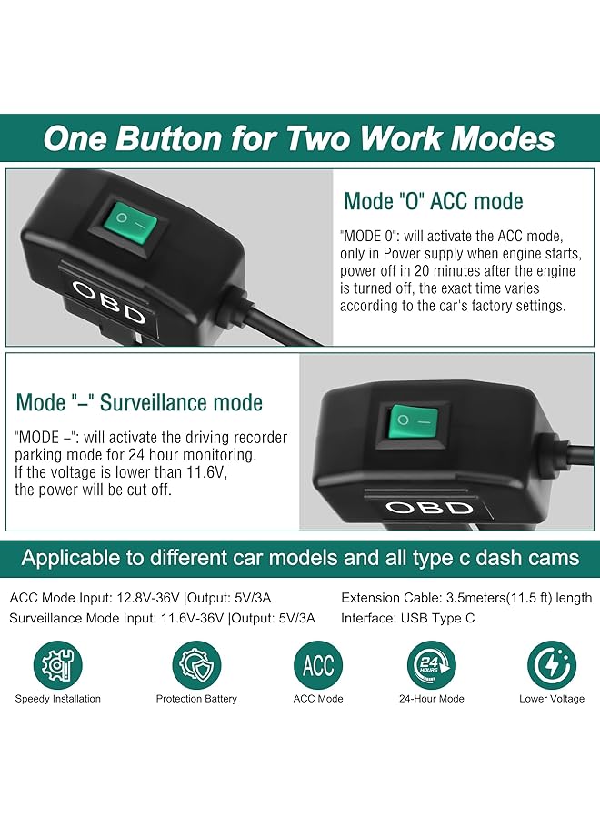 NALACAL Obd Obd2 Power Cable, For Dash Camera Obd To Usb Type C, Right Angle Hardwire Charger 90° Degree Wire Cord, 12V-24V To 5V 3A, 24 Hours Surveillance/Acc Mode With Switch Button (Usb Type C) - Image 3