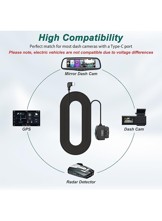 NALACAL Obd Obd2 Power Cable, For Dash Camera Obd To Usb Type C, Right Angle Hardwire Charger 90° Degree Wire Cord, 12V-24V To 5V 3A, 24 Hours Surveillance/Acc Mode With Switch Button (Usb Type C) - Image 5