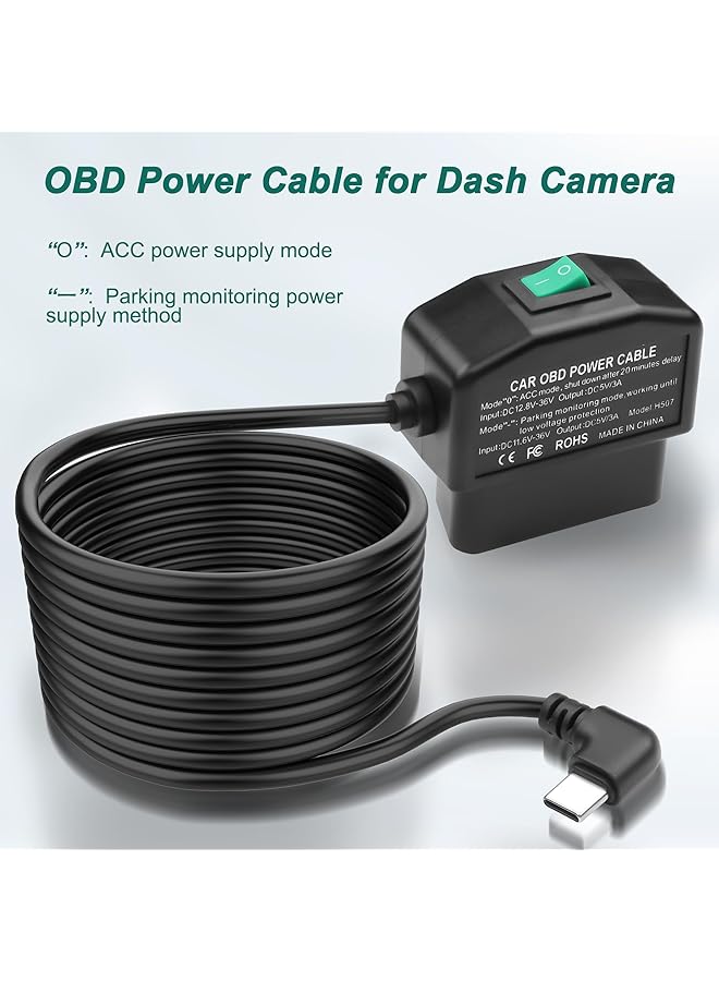 NALACAL Obd Obd2 Power Cable, For Dash Camera Obd To Usb Type C, Right Angle Hardwire Charger 90° Degree Wire Cord, 12V-24V To 5V 3A, 24 Hours Surveillance/Acc Mode With Switch Button (Usb Type C) - Image 2