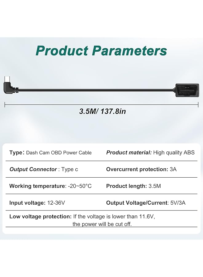 NALACAL Obd Obd2 Power Cable, For Dash Camera Obd To Usb Type C, Right Angle Hardwire Charger 90° Degree Wire Cord, 12V-24V To 5V 3A, 24 Hours Surveillance/Acc Mode With Switch Button (Usb Type C) - Image 4