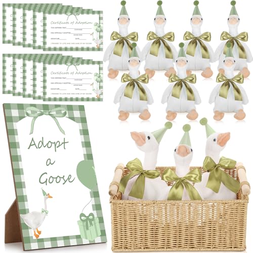 giftlyze One Silly Goose Birthday Decoration 10 Sets 12 Inch Soft Goose Stuffed Animal Hat Adoption Cards with Wood Table Decor Adopt Birthday GiftsGreen - Image 1