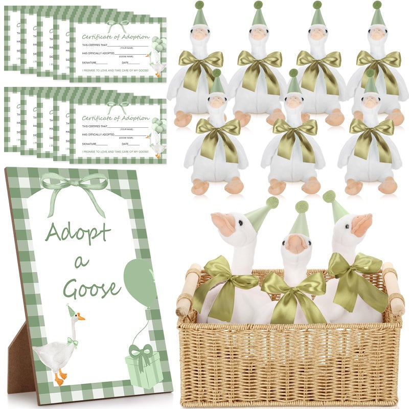 giftlyze One Silly Goose Birthday Decoration 10 Sets 12 Inch Soft Goose Stuffed Animal Hat Adoption Cards with Wood Table Decor Adopt Birthday GiftsGreen - Image 3