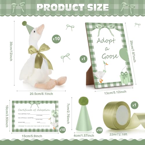 giftlyze One Silly Goose Birthday Decoration 10 Sets 12 Inch Soft Goose Stuffed Animal Hat Adoption Cards with Wood Table Decor Adopt Birthday GiftsGreen - Image 5