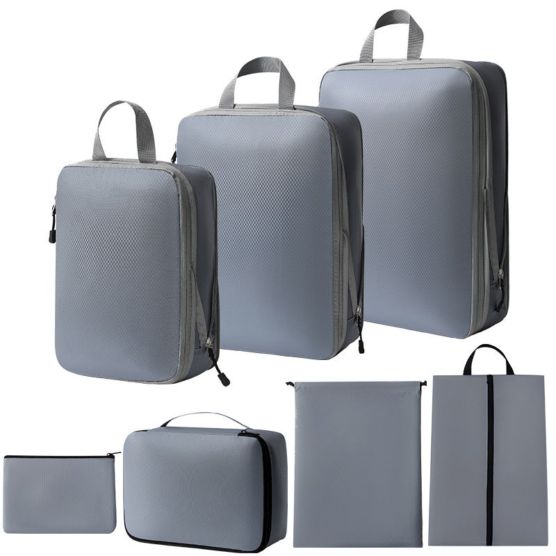 7-Piece Travel Organizer Compression SetThree-piece set + shoe bag + bra bag + flat pocket + drawstring pocket (gray seven-piece set) Three-piece set + shoe bag + bra bag + flat pocket + drawstring pocket (gray seven-piece set)