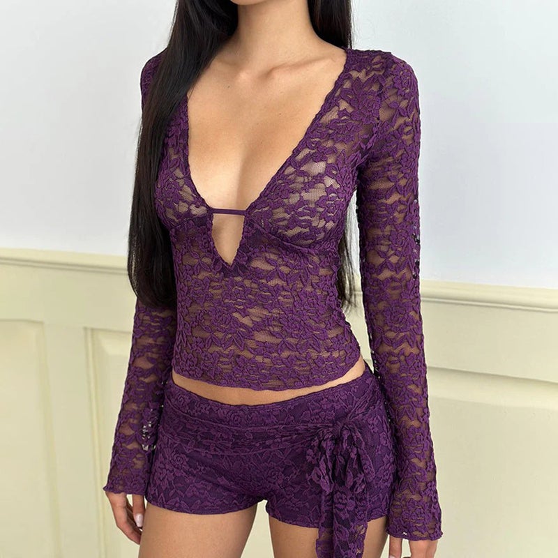 Women's Lace Sheer V-Neck Long Sleeve T-Shirt - Image 2