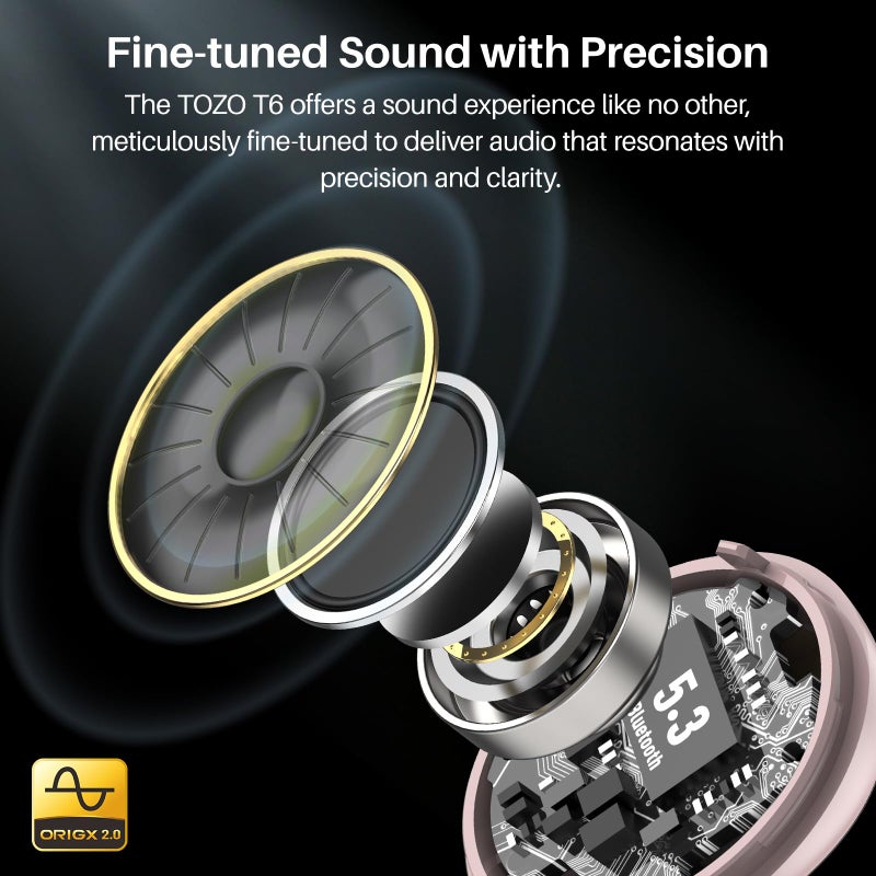 TOZO T6 Ergonomic Edition Wireless Earbuds Bluetooth 5.3 Headphones, Ergonomic Design in Ear Headset, 50Hrs Playtime with Wireless Charging Case, APP EQ Customisable, IPX8 Waterproof, 2024 Version - Image 2
