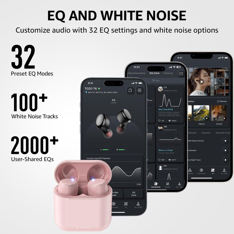 TOZO T6 Ergonomic Edition Wireless Earbuds Bluetooth 5.3 Headphones, Ergonomic Design in Ear Headset, 50Hrs Playtime with Wireless Charging Case, APP EQ Customisable, IPX8 Waterproof, 2024 Version - Image 3