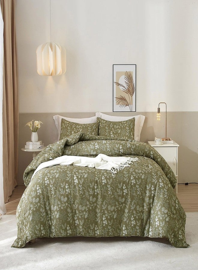 EAVD Fresh Botanical Floral Comforter Set Queen Dark Olive Green Soft Microfiber Chic Cute Garden Floral Bedding Comforter Set 1 Queen Comforter and 2 Pillowcases Botanical Comforter for All-Season - Image 1