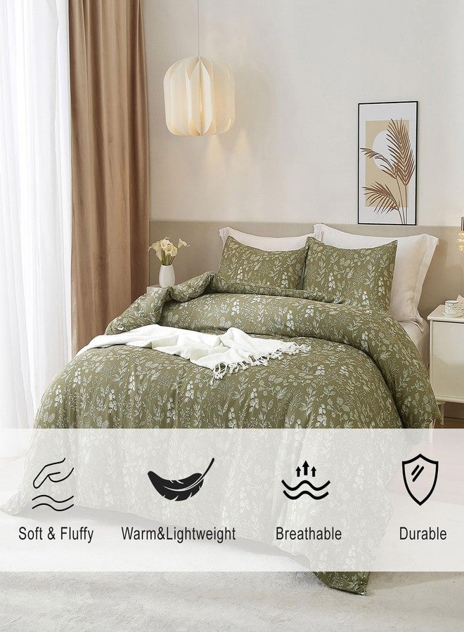 EAVD Fresh Botanical Floral Comforter Set Queen Dark Olive Green Soft Microfiber Chic Cute Garden Floral Bedding Comforter Set 1 Queen Comforter and 2 Pillowcases Botanical Comforter for All-Season - Image 2
