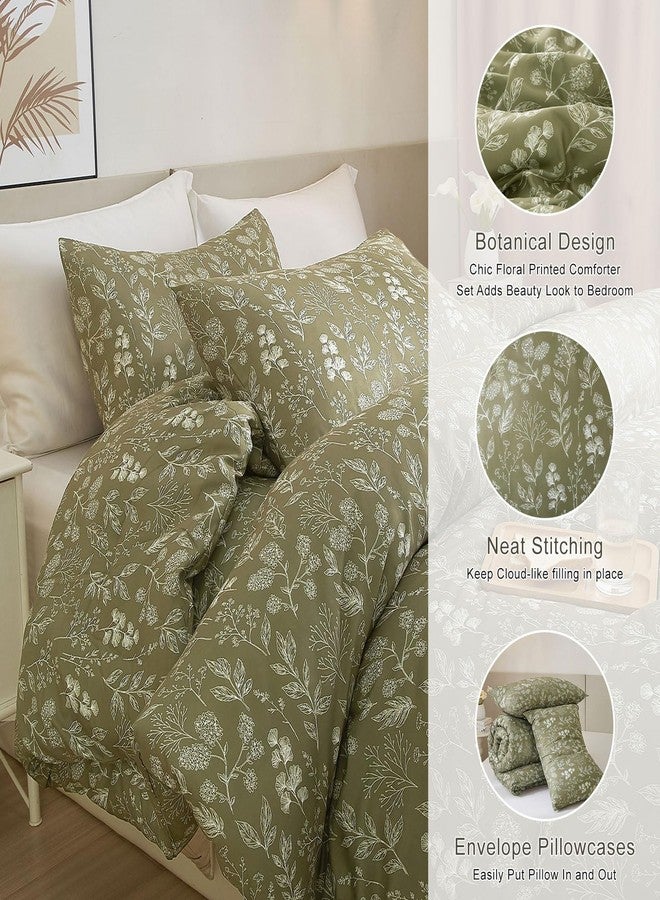 EAVD Fresh Botanical Floral Comforter Set Queen Dark Olive Green Soft Microfiber Chic Cute Garden Floral Bedding Comforter Set 1 Queen Comforter and 2 Pillowcases Botanical Comforter for All-Season - Image 3