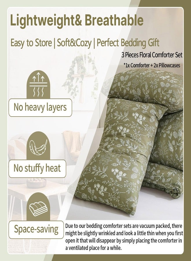 EAVD Fresh Botanical Floral Comforter Set Queen Dark Olive Green Soft Microfiber Chic Cute Garden Floral Bedding Comforter Set 1 Queen Comforter and 2 Pillowcases Botanical Comforter for All-Season - Image 4
