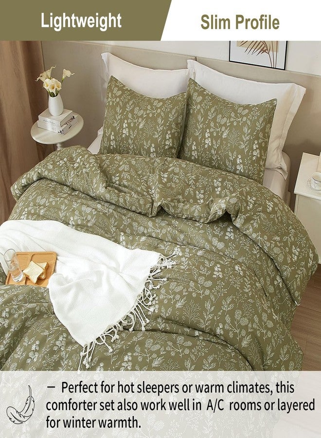 EAVD Fresh Botanical Floral Comforter Set Queen Dark Olive Green Soft Microfiber Chic Cute Garden Floral Bedding Comforter Set 1 Queen Comforter and 2 Pillowcases Botanical Comforter for All-Season - Image 5