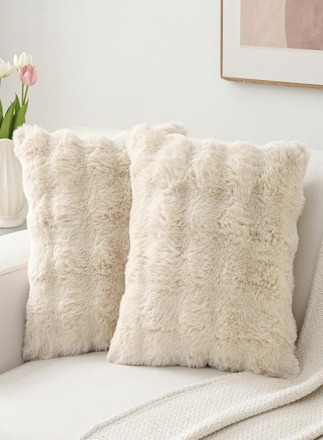 Volcanics Pack of 2 Thick Plush Faux Wool Decorative Throw Pillow Covers 18x18 Inch, Beige Soft Fluffy Faux Fur Cushion Covers for Sofa Bedroom Pillow Shell - Image 1