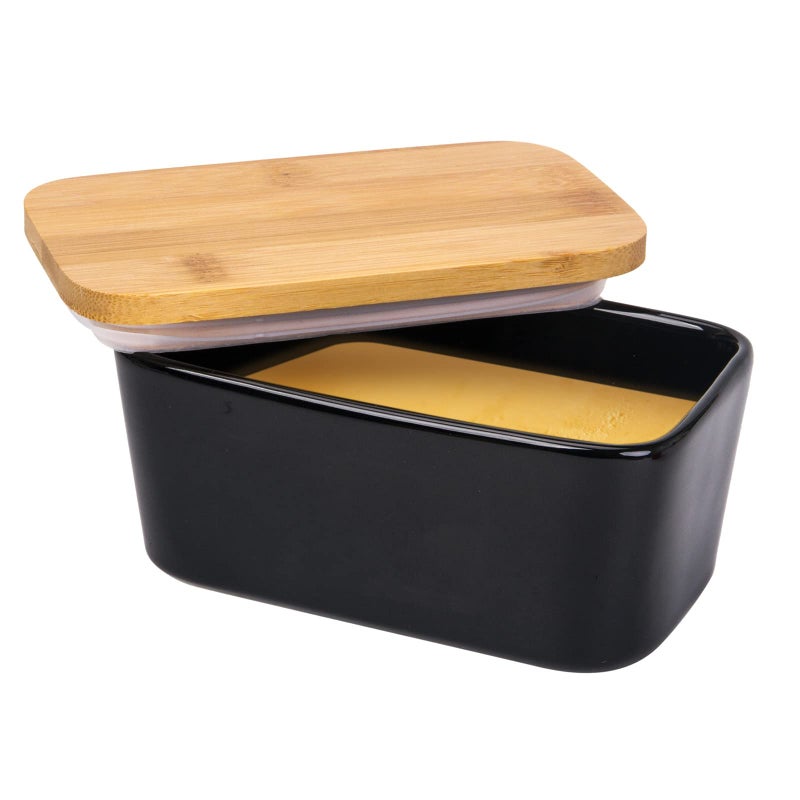 Arswin Butter Dish with Lid Porcelain Keeper with Wood Lid Cover for Butter Microwave Safe Easy Clean Butter Storage Container for Countertop and Refrigerator Black 10oz