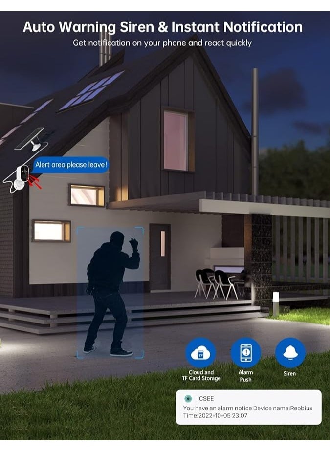 JORTAN - 4 MP Solar Security Camera Wireless Outdoor, 1080P 2.4Ghz WiFi Security Camera with PIR Detection & Siren, Solar Battery Powered, 2-Way Audio, Night Vision, IP66, Solar Camera Security Outdoor - Image 1