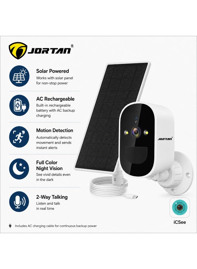 JORTAN 4 MP Solar Security Camera Wireless Outdoor, 1080P 2.4Ghz WiFi Security Camera with PIR Detection & Siren, Solar Battery Powered, 2-Way Audio, Night Vision, IP66, Solar Camera Security Outdoor - Image 1