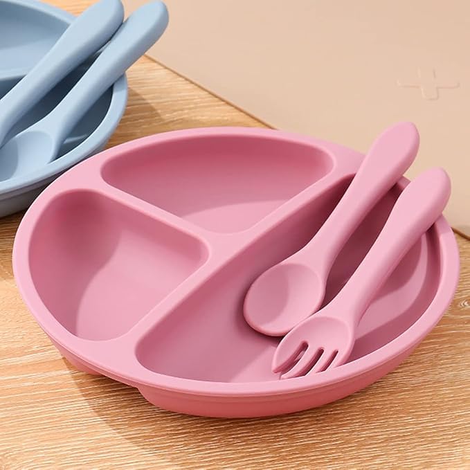 Sakoraware Silicon Bowl Plate Combo with Spoon and Fork for Babies Kids |Lightweight Sunction Base Easy to Hold Gentle on Gums for Infants |Microwave & Dishwasher Safe Easy to Clean |Random Color (4) - Image 5