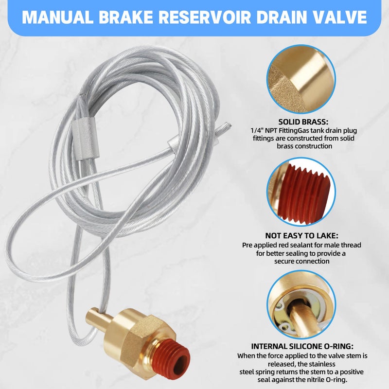 Dazakoot 1/4â€ Air Compressor Drain Valve with 60â€ Cable, Dazakoot Air Tank Drain valve Plug for Semi Truck, Trailer (Replaces Haldex 12105, OEM N3613AD) - 4pcs - Image 2
