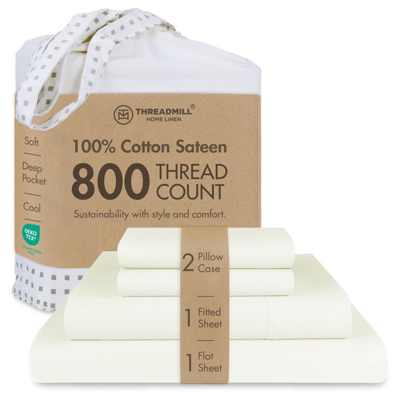 Threadmill Luxury 800 Thread Count King 100 Cotton Sheets Ivory Sateen Weave BedSheets Better Than Egyptian Cotton 4 Pc Solid Soft Bed Set Fits 16 Deep Pocket