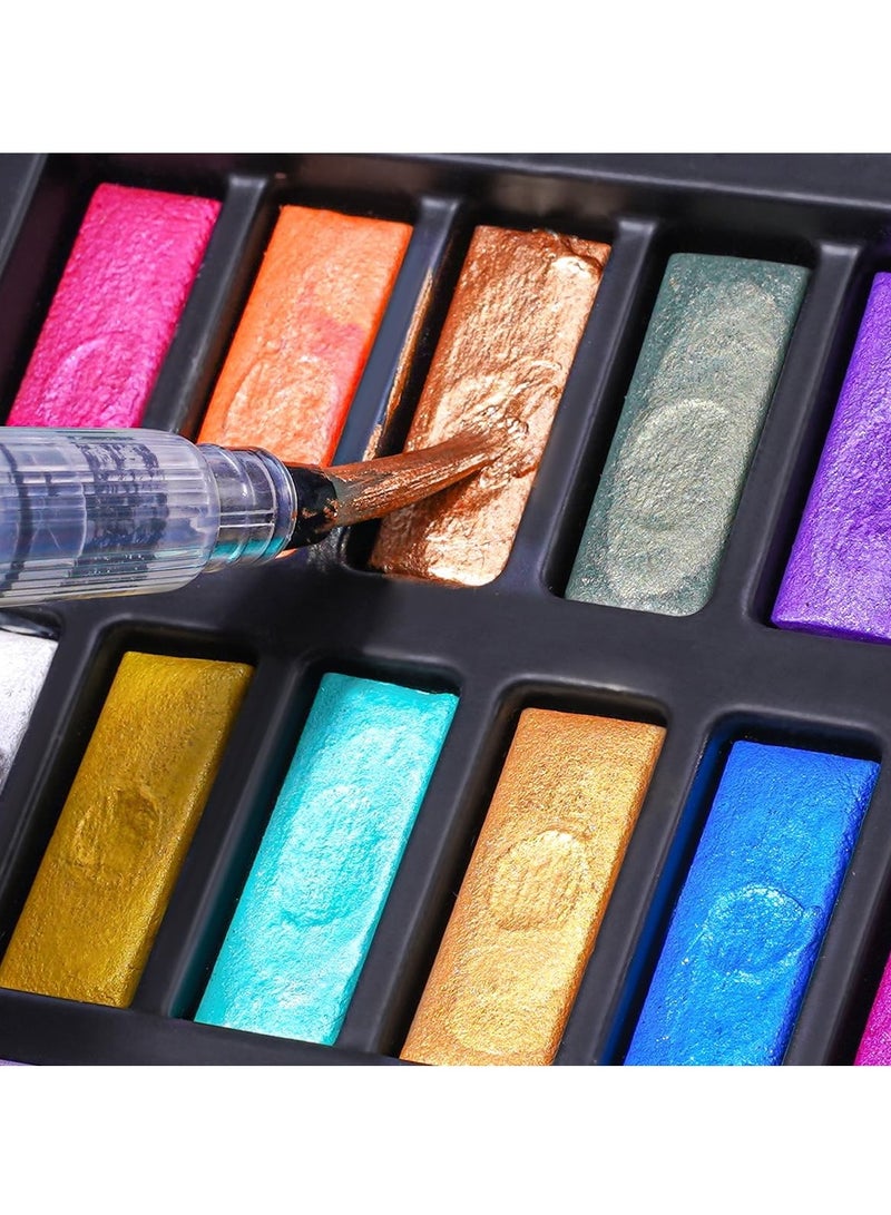 KASTWAVE Watercolor Paint Set, 18 Colors Glitter Watercolor Paint, Portable Travel Watercolor Set, Art Supplies, with Water Brush Pen, Pencil, Eraser, Watercolor Paper, for Amateur Hobbyists and Painting Lover - Image 3