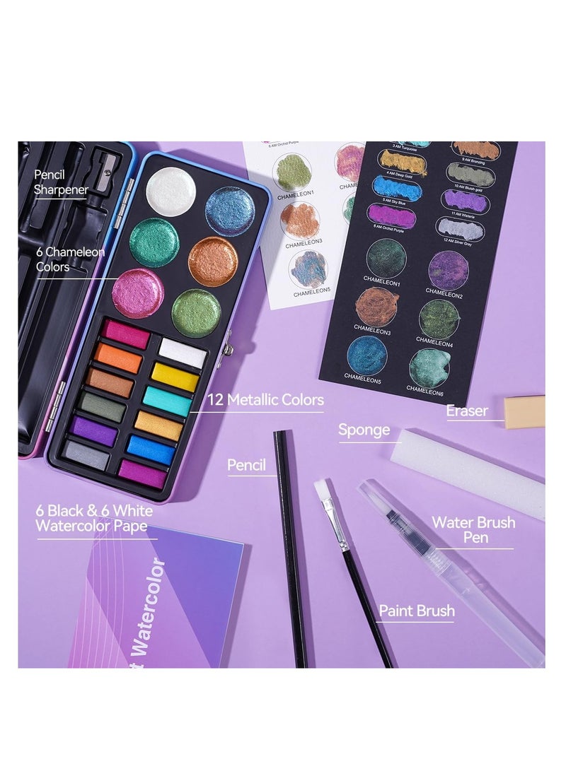 KASTWAVE Watercolor Paint Set, 18 Colors Glitter Watercolor Paint, Portable Travel Watercolor Set, Art Supplies, with Water Brush Pen, Pencil, Eraser, Watercolor Paper, for Amateur Hobbyists and Painting Lover - Image 2