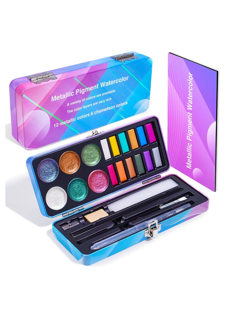 KASTWAVE Watercolor Paint Set, 18 Colors Glitter Watercolor Paint, Portable Travel Watercolor Set, Art Supplies, with Water Brush Pen, Pencil, Eraser, Watercolor Paper, for Amateur Hobbyists and Painting Lover - Image 1