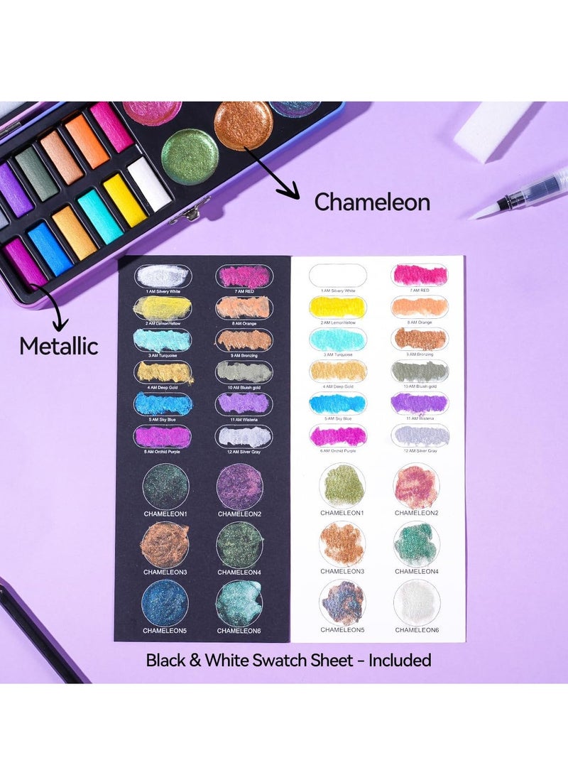 KASTWAVE Watercolor Paint Set, 18 Colors Glitter Watercolor Paint, Portable Travel Watercolor Set, Art Supplies, with Water Brush Pen, Pencil, Eraser, Watercolor Paper, for Amateur Hobbyists and Painting Lover - Image 5