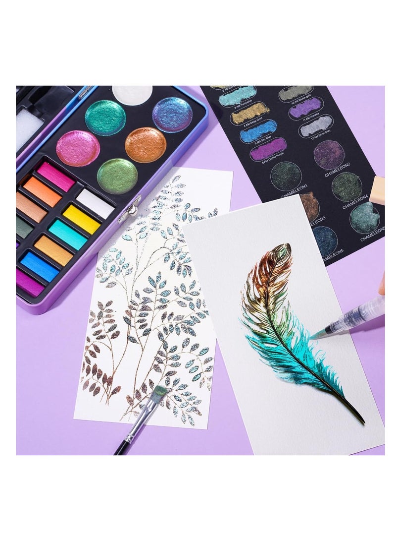 KASTWAVE Watercolor Paint Set, 18 Colors Glitter Watercolor Paint, Portable Travel Watercolor Set, Art Supplies, with Water Brush Pen, Pencil, Eraser, Watercolor Paper, for Amateur Hobbyists and Painting Lover - Image 4