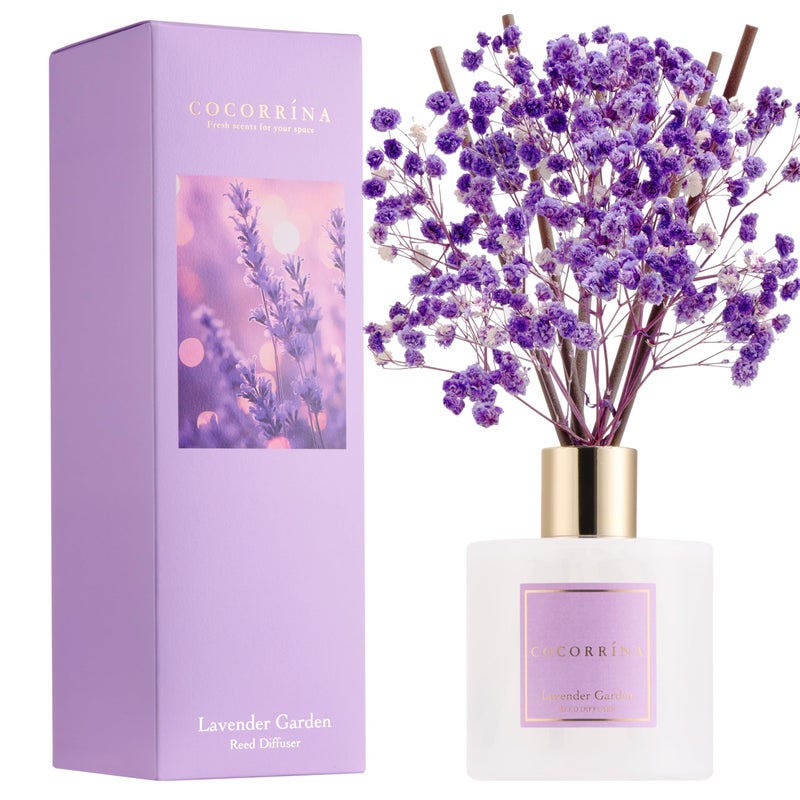 COCORRÃNA Reed Diffuser - Lavender Garden 6.7 Fl.oz Reed Diffuser Set with Sticks & Preserved Baby's Breath, Reed Diffuser for Home Bathroom Shelf Decor - Image 1