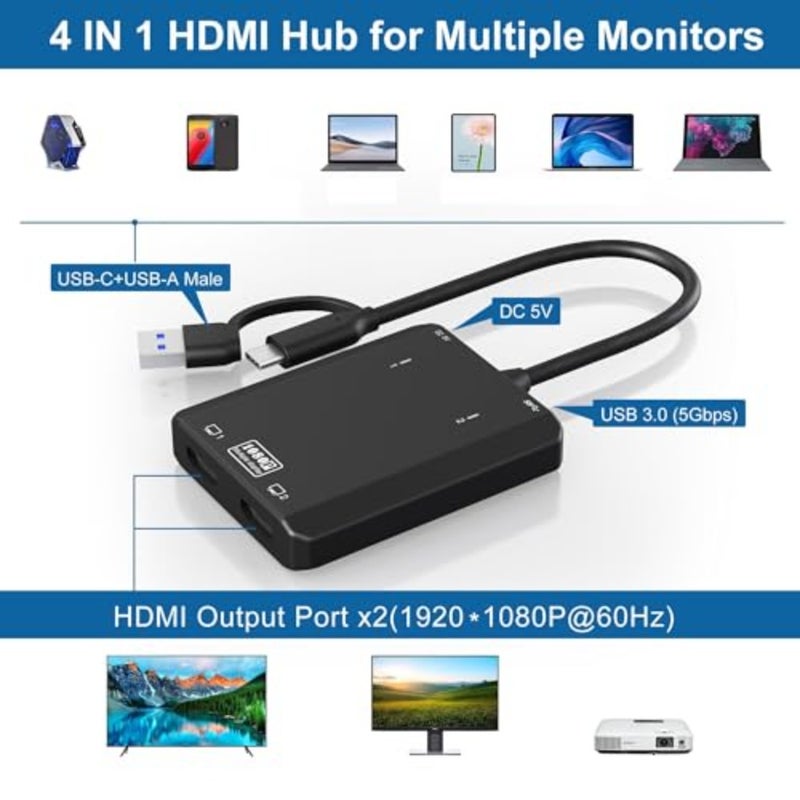 موزع HDMI مزدوج، محول USB C إلى 2 HDMI 1080p 60 هرتز لشاشة الكمبيوتر المحمول، تمديد أو مرآة شاشتين مع محور USB 3.0 ومنفذ طاقة، متوافق مع معظم الأنظمة - Image 2