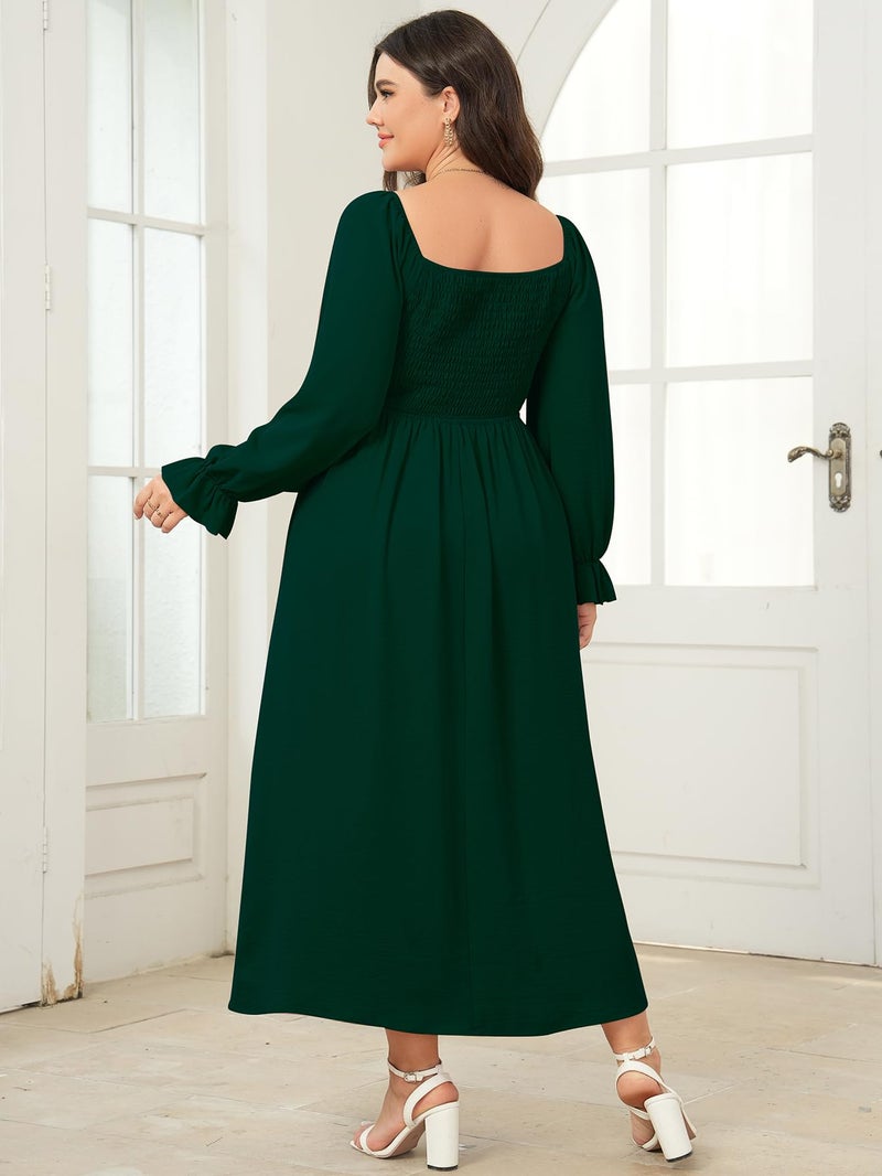 SHESTARR Women's Plus Size Maxi Dress Long Sleeve Square Neck Smocked Flowy A-Line Boho Wedding Party Maxi Dress Emerald Green - Image 4