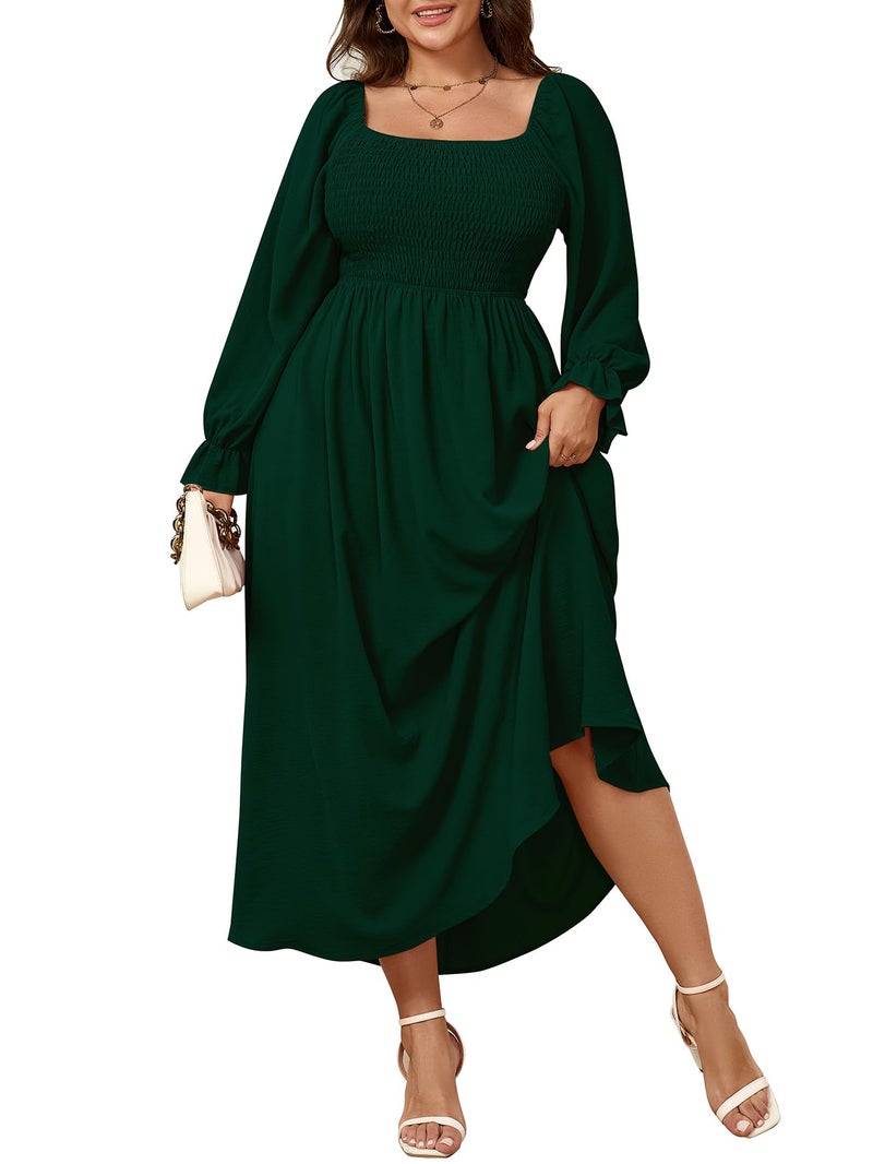 SHESTARR Women's Plus Size Maxi Dress Long Sleeve Square Neck Smocked Flowy A-Line Boho Wedding Party Maxi Dress Emerald Green - Image 1