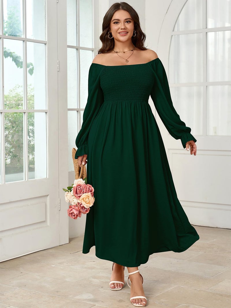SHESTARR Women's Plus Size Maxi Dress Long Sleeve Square Neck Smocked Flowy A-Line Boho Wedding Party Maxi Dress Emerald Green - Image 3
