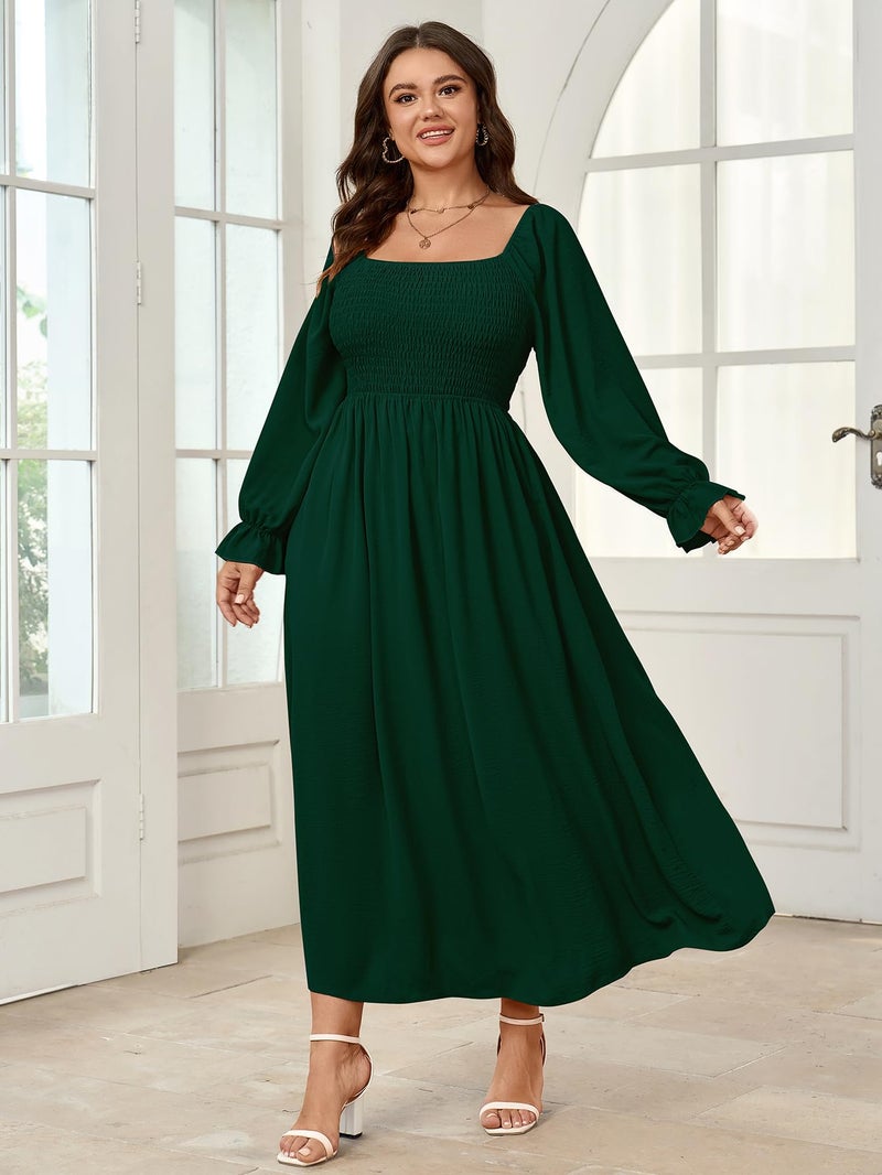 SHESTARR Women's Plus Size Maxi Dress Long Sleeve Square Neck Smocked Flowy A-Line Boho Wedding Party Maxi Dress Emerald Green - Image 2