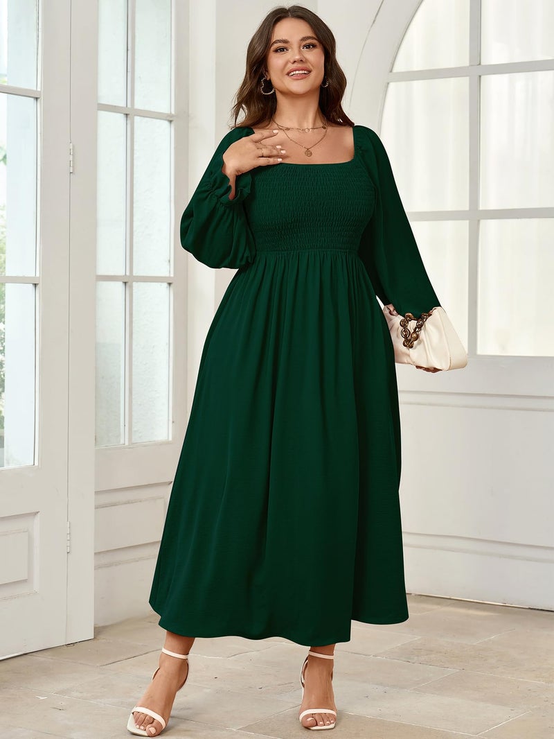 SHESTARR Women's Plus Size Maxi Dress Long Sleeve Square Neck Smocked Flowy A-Line Boho Wedding Party Maxi Dress Emerald Green - Image 5
