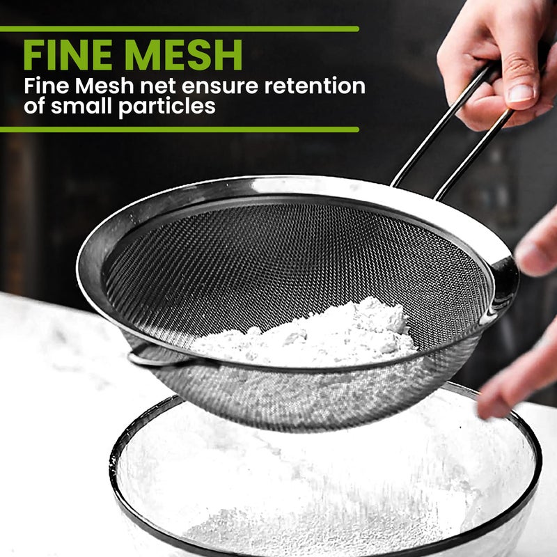 Kafoor Set Of 2 Stainless Steel Mesh Strainers For Kitchen - 5.5 Inch Round Fine Mesh Strainer & 3.4 Inch Conical Strainer Fine Mesh - Ideal To Sieve Pasta Noodles  Quinoa  Tea  Coffee  Juices  Flour - Image 2