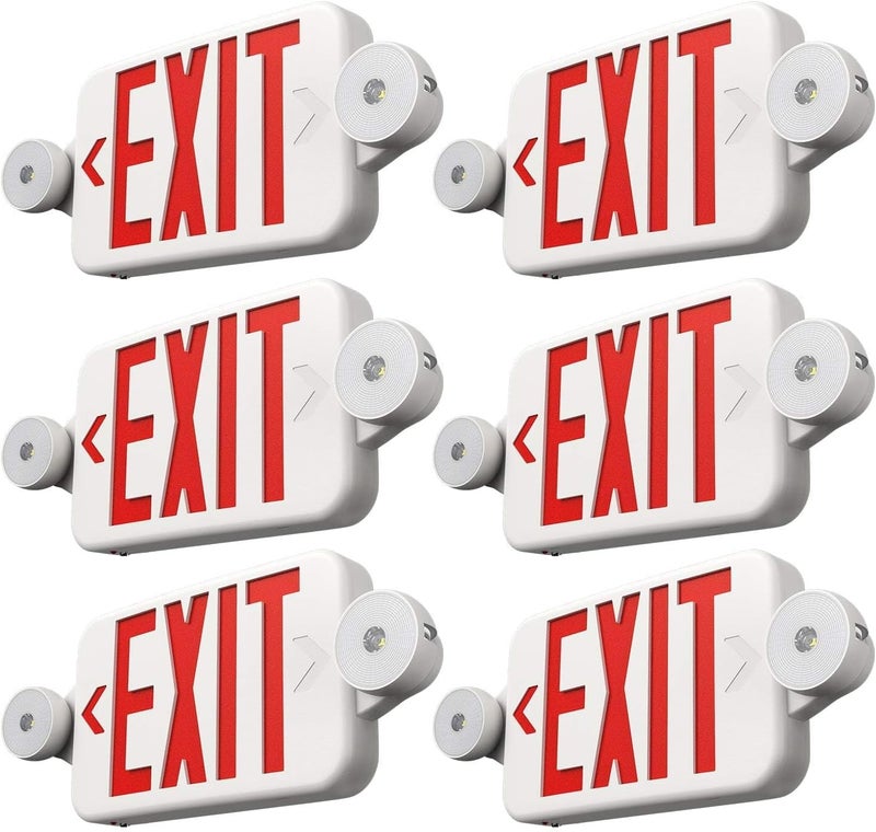 FREELICHT 6 Pack Red Exit Signs with Emergency Lights, Two LED Adjustable Head Emergency Exit Light with Battery Backup,Hard Wired,UL Listed, AC 120/277V,Exit Sign Combo for Business - Image 1