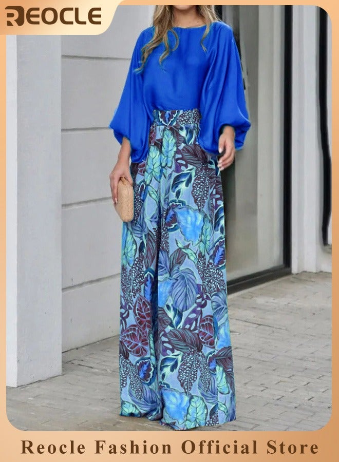 ريوكل طقم ملابس نسائية مكون من قطعتين، قميص قصير بأكمام طويلة ورقبة دائرية وبنطلون واسع الساق، بدلة عصرية بتصميم مطبوع عصري وتصميم لشد الخصر - Image 1