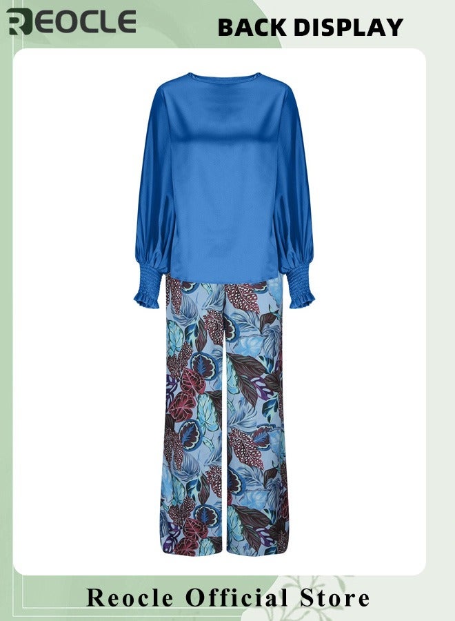 ريوكل طقم ملابس نسائية مكون من قطعتين، قميص قصير بأكمام طويلة ورقبة دائرية وبنطلون واسع الساق، بدلة عصرية بتصميم مطبوع عصري وتصميم لشد الخصر - Image 3