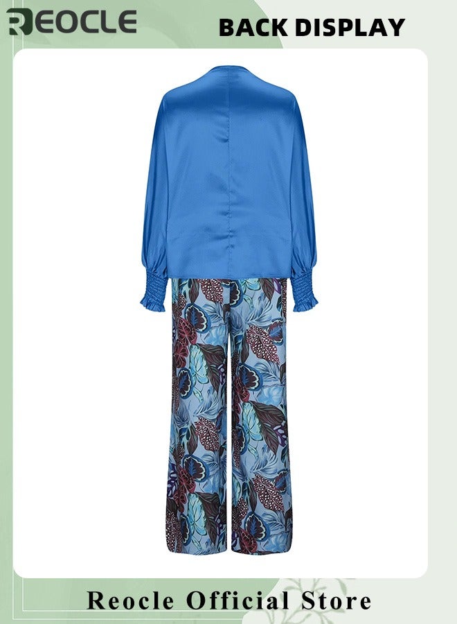 ريوكل طقم ملابس نسائية مكون من قطعتين، قميص قصير بأكمام طويلة ورقبة دائرية وبنطلون واسع الساق، بدلة عصرية بتصميم مطبوع عصري وتصميم لشد الخصر - Image 4