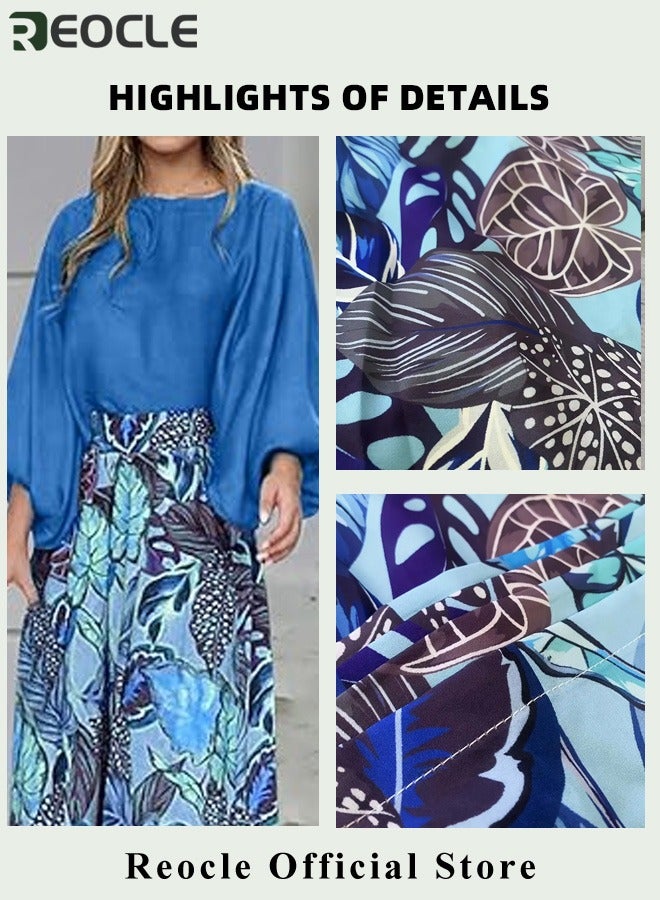 ريوكل طقم ملابس نسائية مكون من قطعتين، قميص قصير بأكمام طويلة ورقبة دائرية وبنطلون واسع الساق، بدلة عصرية بتصميم مطبوع عصري وتصميم لشد الخصر - Image 5