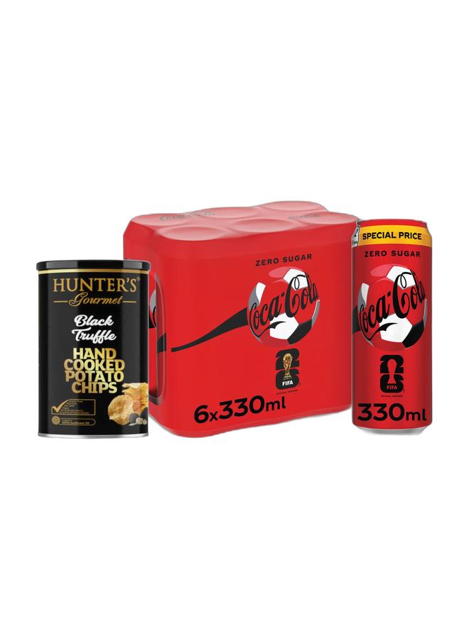 noon Hunter's Gourmet Hand Cooked Potato Chips Black Truffle 150grams + Coca Cola Zero Calories Carbonated Soft Drink Can 330ml Pack of 6